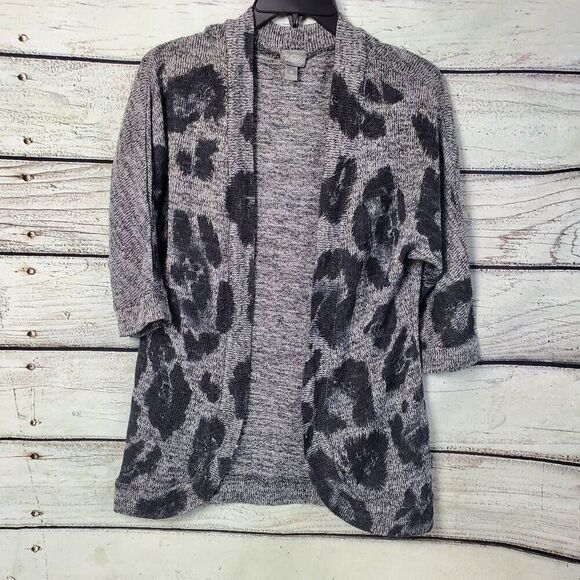 Vanity Women's Small Leopard Print Open Front Cardigan Gray Black 3/4 Sleeve Kni - Picture 1 of 7